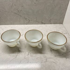 Vintage Anchor Hocking 2379 White Gold Rim Swirl Milk Glass Coffee Cup Set of 3